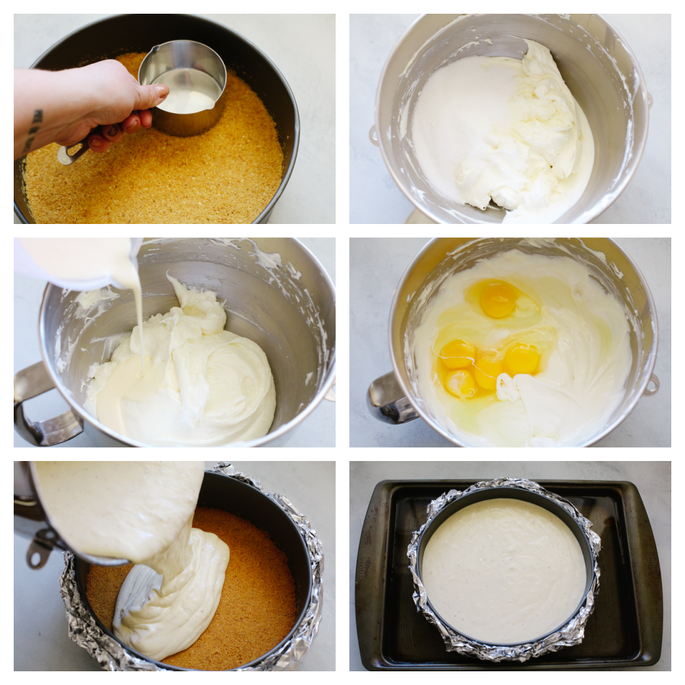 6 steps showing how to mix cheesecake batter and add it to a pan in a water bath. 