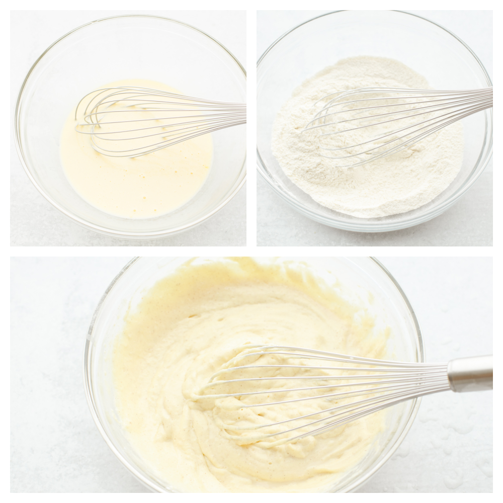 3 pictures showing how to whisk batter. 