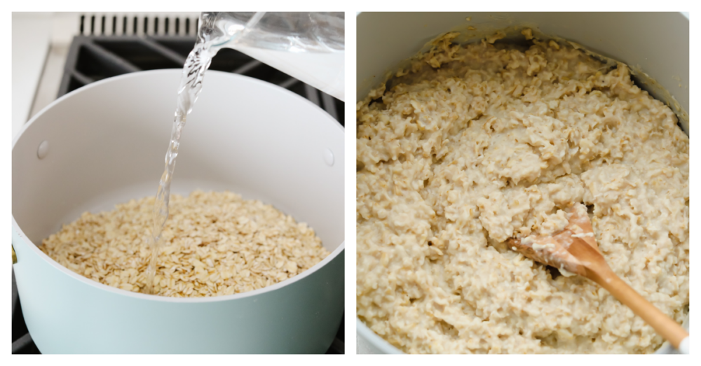 Process shots of making oatmeal from scratch.