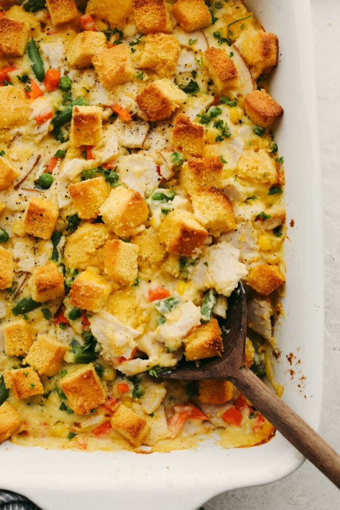 Turkey casserole in a baking dish. 