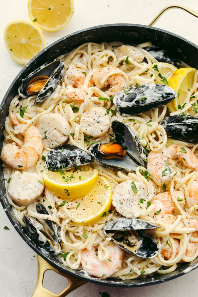 Lemon garlic seafood pasta all mixed and ready to eat! 