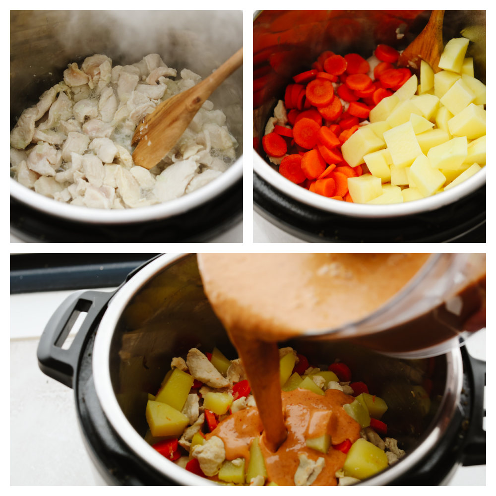 3 pictures showing steps on how to add chicken, veggies and sauce to an instant pot. 