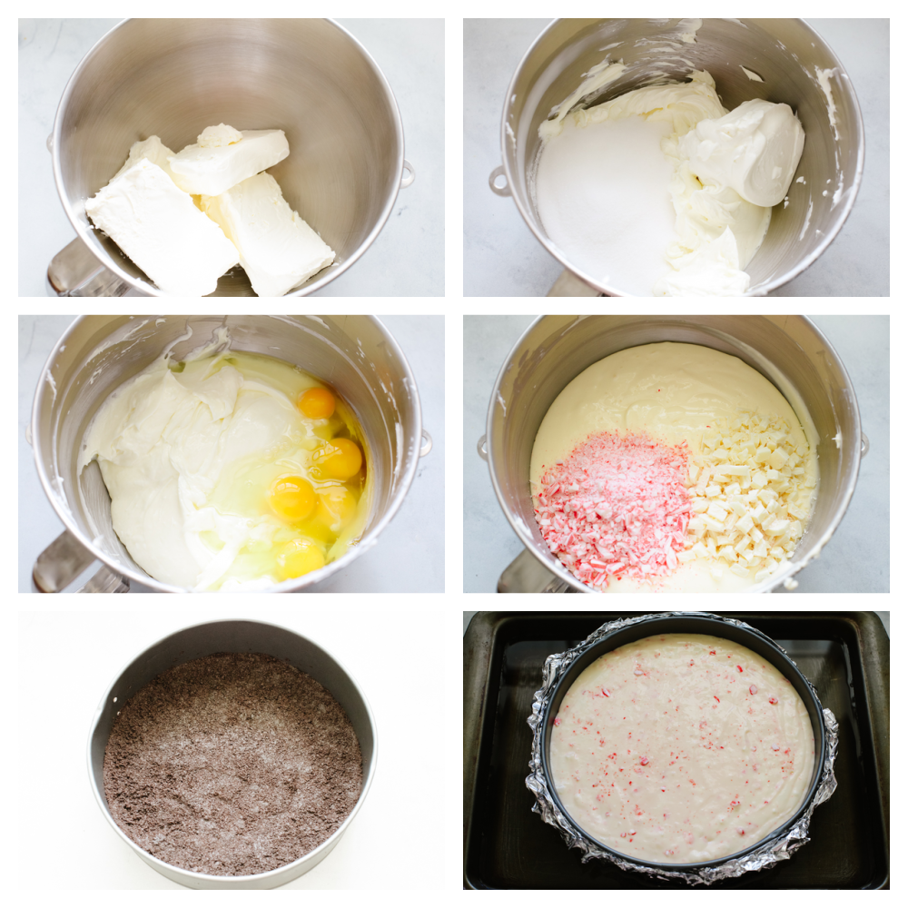 6 pictures showing steps on how to mix cheesecake batter. 