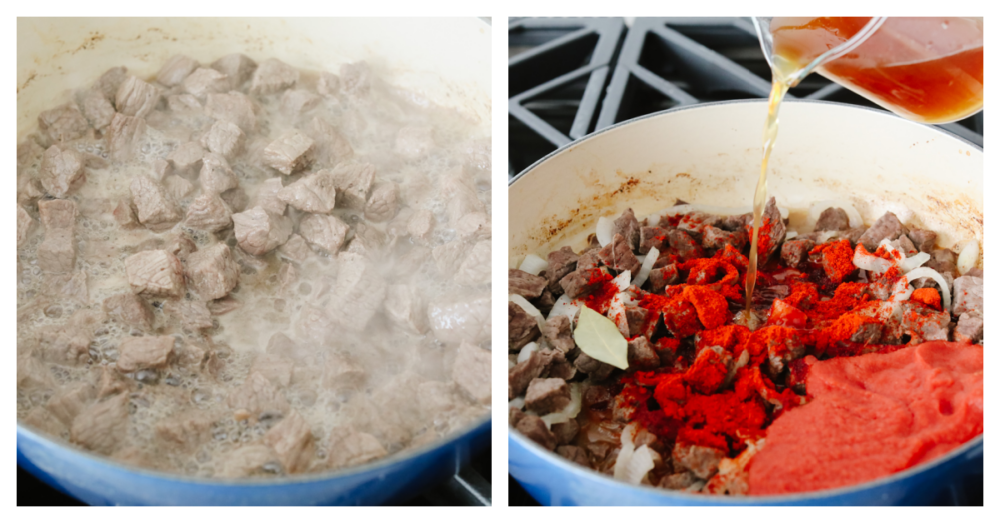 2 pictures showing how to sear meat and add in the sauce ingredients to mix together. 