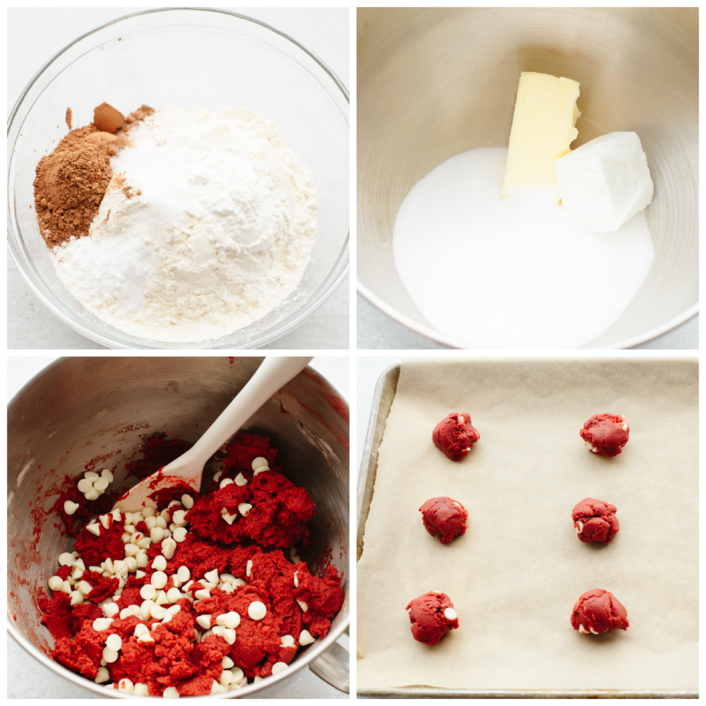 Process shots of preparing batter and shaping red velvet white chocolate chip cookies.