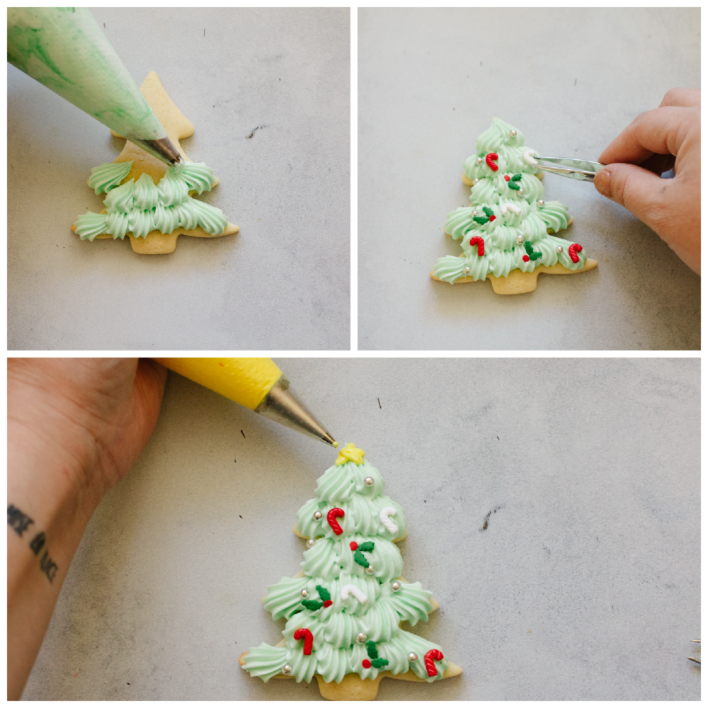 Frosting a Christmas tree cookie and adding candy cane detailing.