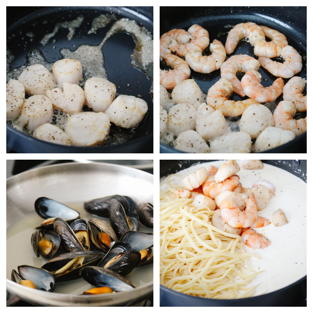 4 pictures showing steps on how to cook shellfish and lemon garlic pasta.