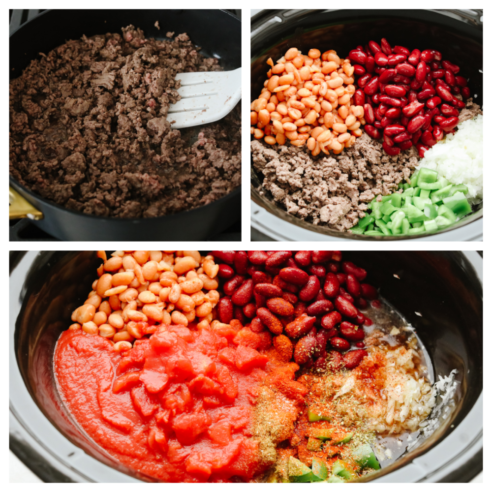 3 pictures showing ingredients being added to a slow cooker. 