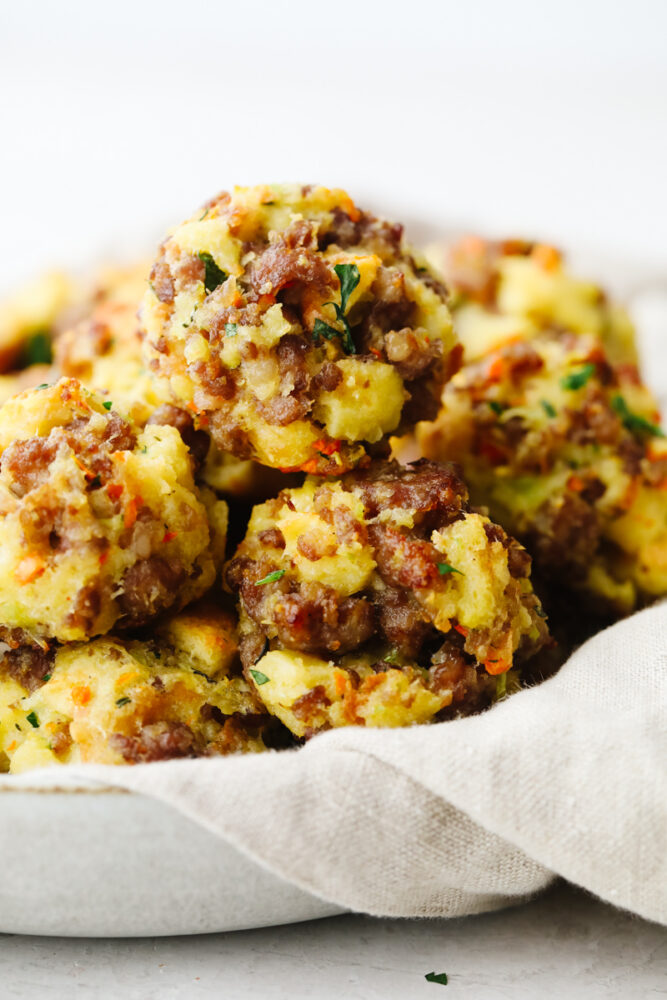 Sausage stuffing balls in a dish ready to serve. 