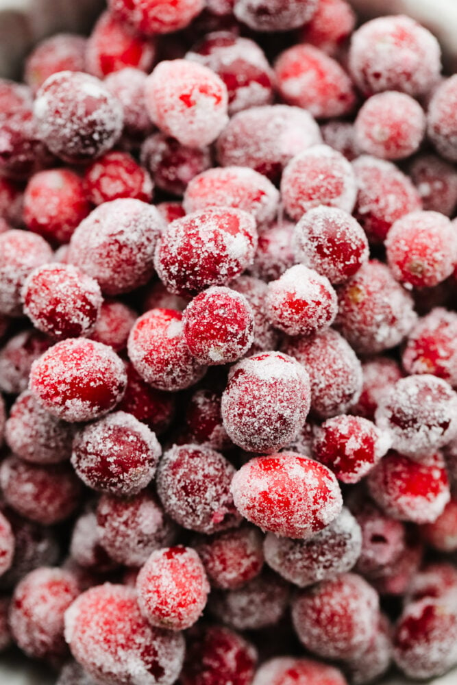 A zoomed in shot of sugared cranberries. 
