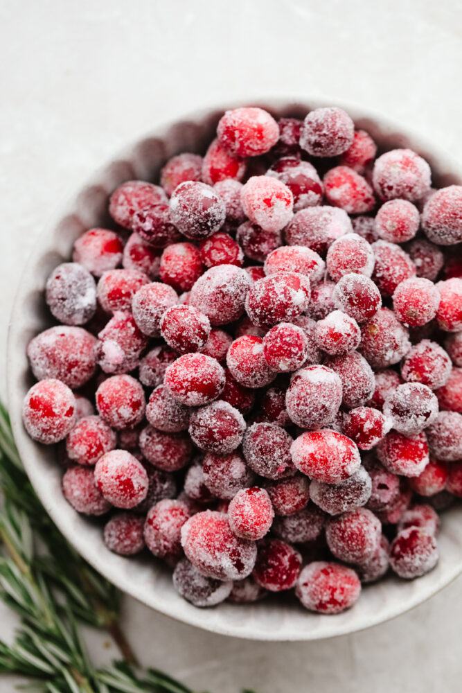 Sugared cranberries in a bowl. 