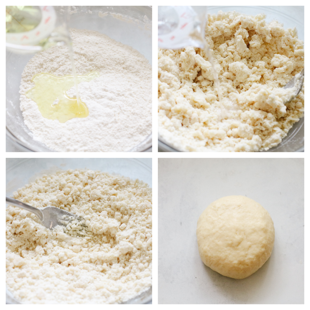 4 gambar yang menunjukkan cara mencampur adonan. 