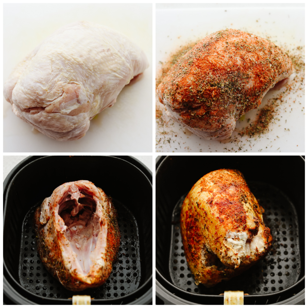 4 pictures showing how to put a rub on a turkey and how to flip a turkey in an air fryer. 