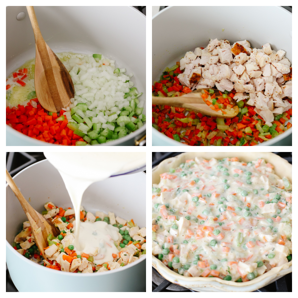 4 steps showing how to mix turkey and vegetables with the sauce and place it in the crust. 