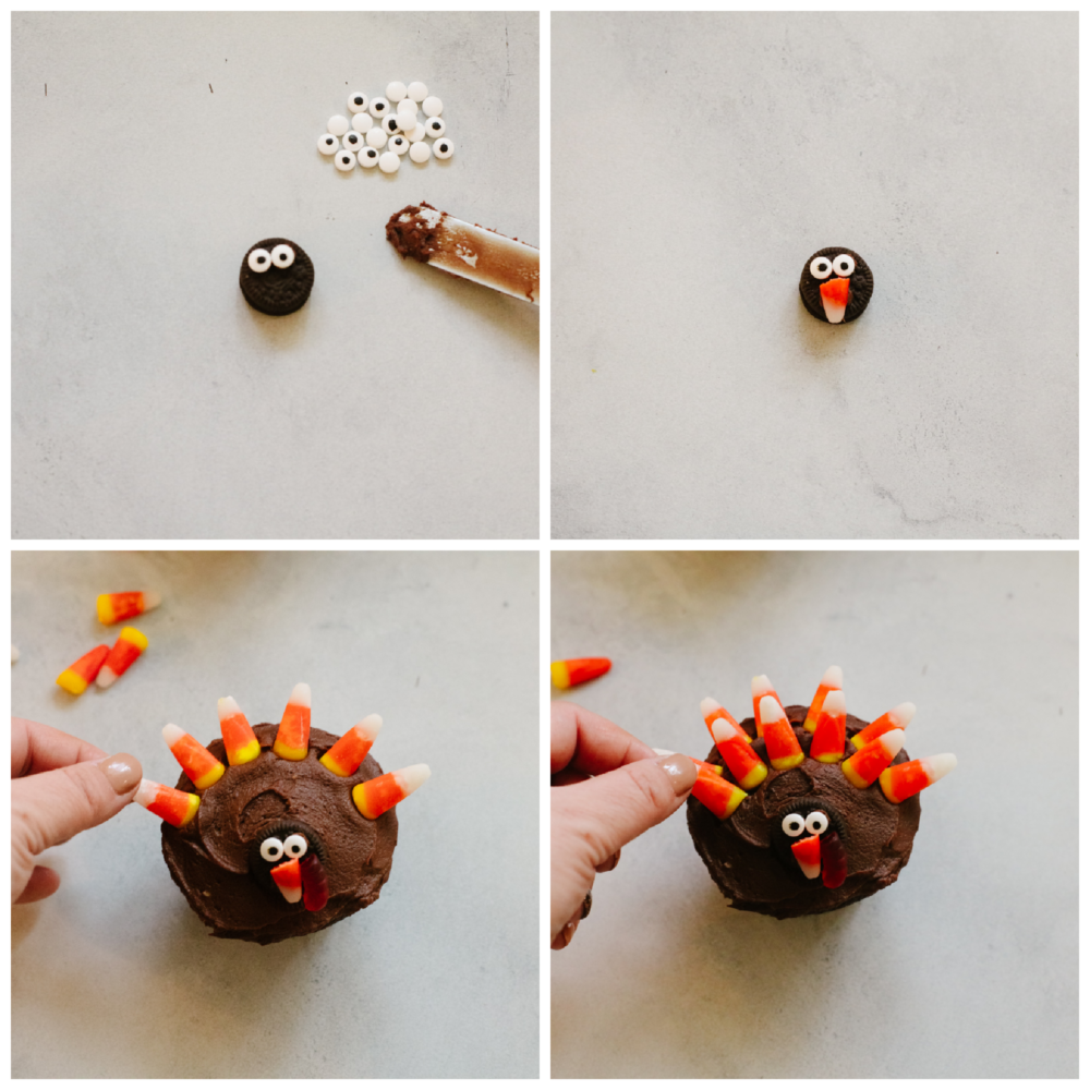 4 pictures showing steps on how to decorate a cupcake. 