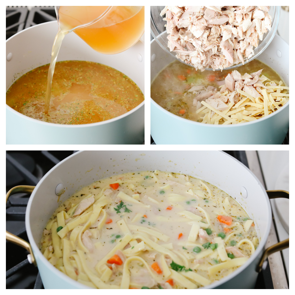 3-photo collage of soup ingredients being added to a large pot.