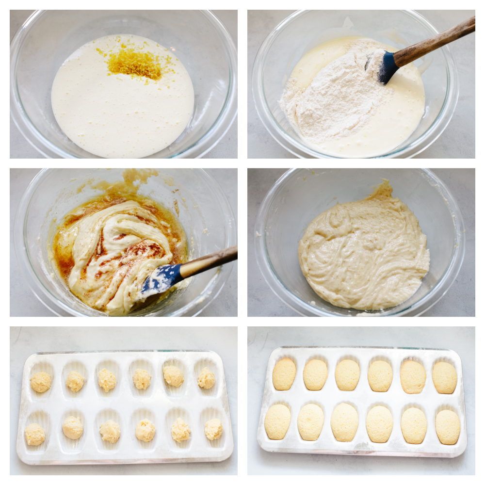 6 pictures showing the steps for how to make madeleine dough. 