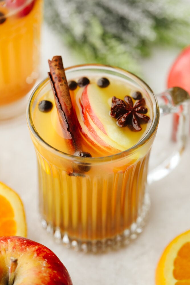 Wassail in a glass cup with a cinnamon stick and apple slices.