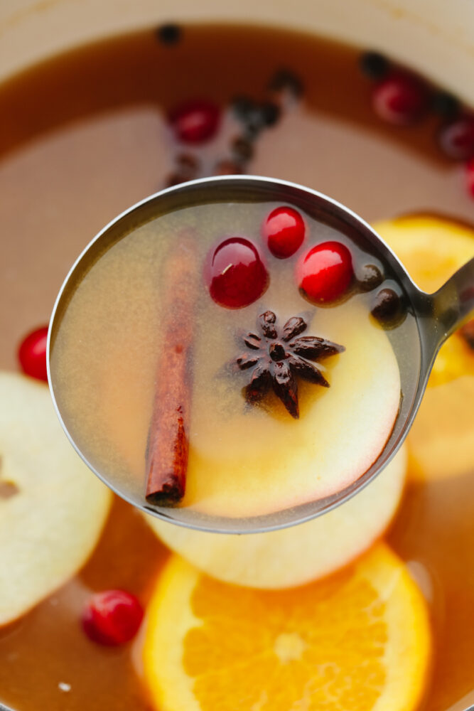 A cup of wassail garnished with cranberries and spice.