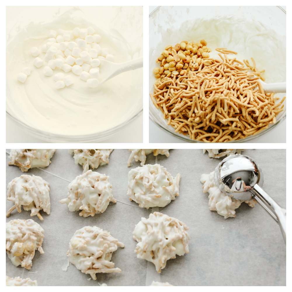 3 pictures showing how to mix marshmallows and white chocolate with chow mein noodles. 