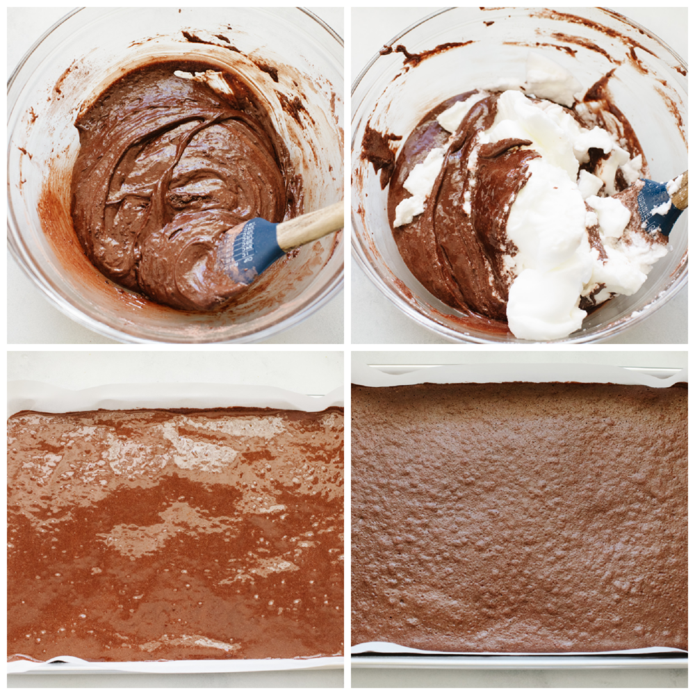 4 pictures showing how to mix up and bake chocolate cake. 
