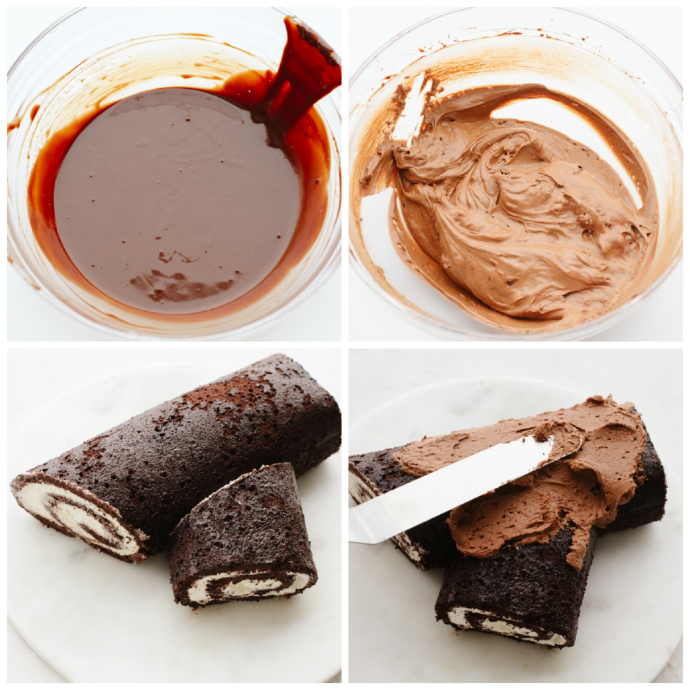 4 pictures showing how to make a chocolate ganache and spread it onto a cake. 