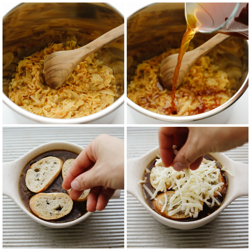 4 pictures showing steps on how to cook and caramelize onions and top the soup with a baguette slice and cheese. 