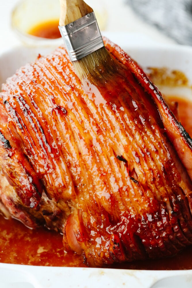 An apricot glazed ham right out of the oven.