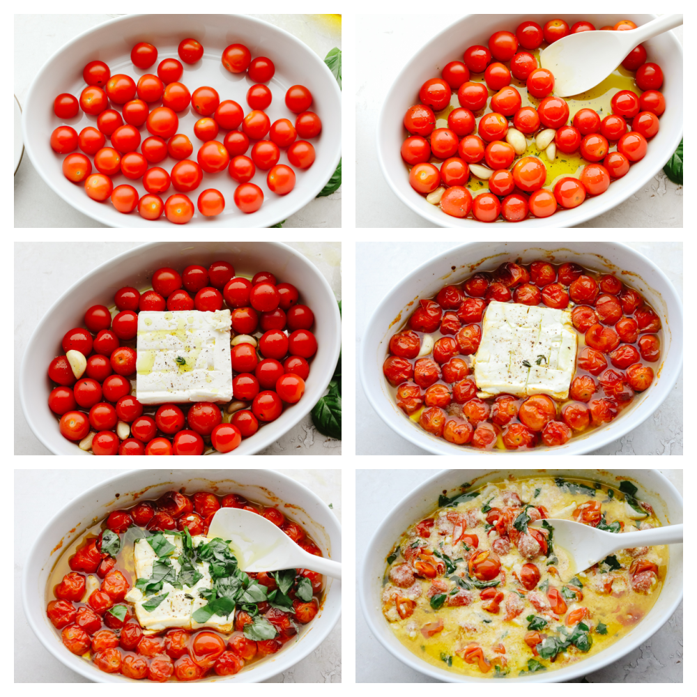 6 pictures showing the steps of how to add all of the ingredients to a dish and cook it. 