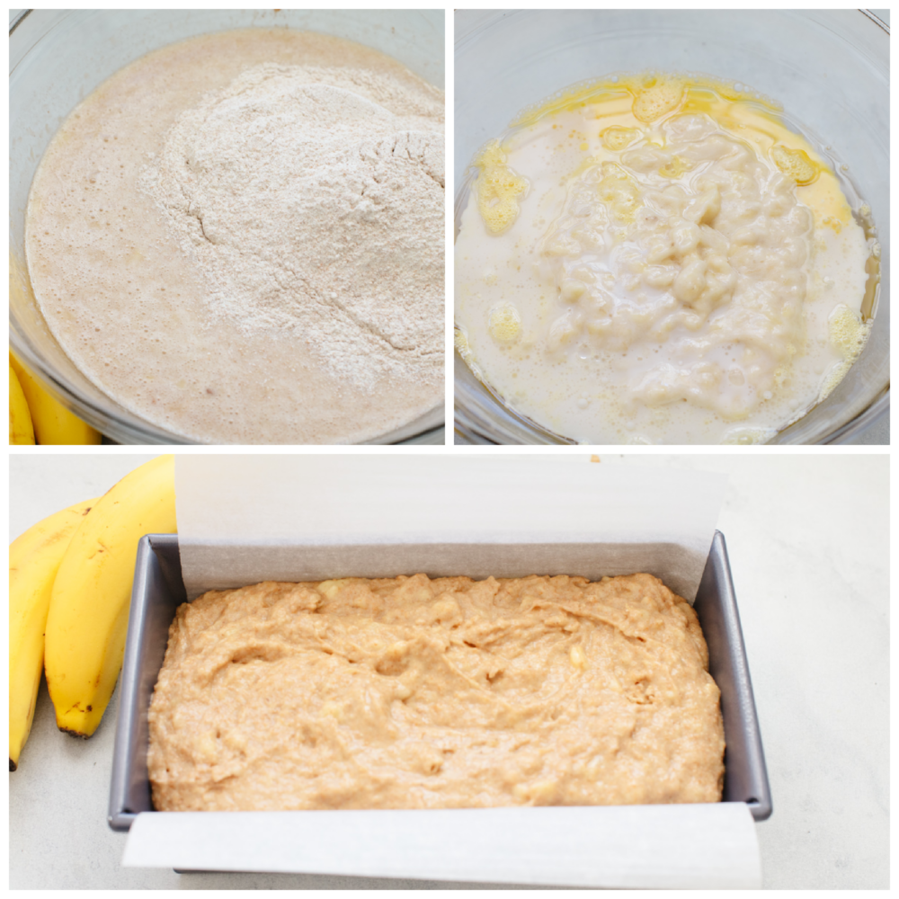 3 pictures showing how to make banana bread batter. 