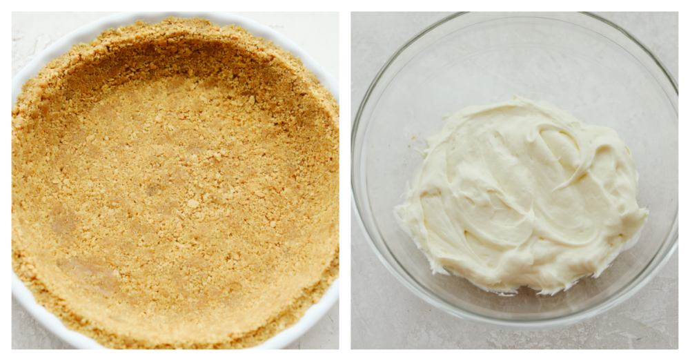 2 pictures showing how to make cheesecake crust and filling. 