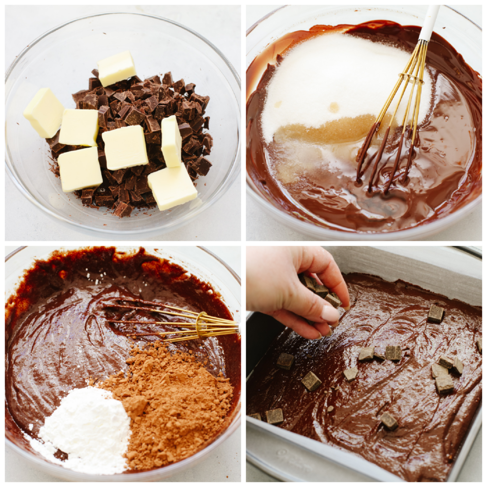 4 pictures showing how to mix and pour chocolate brownie batter. 