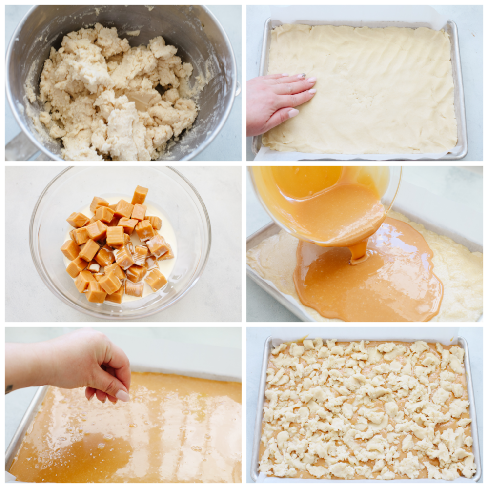 6 step by step pictures showing how to make dough and caramel. 