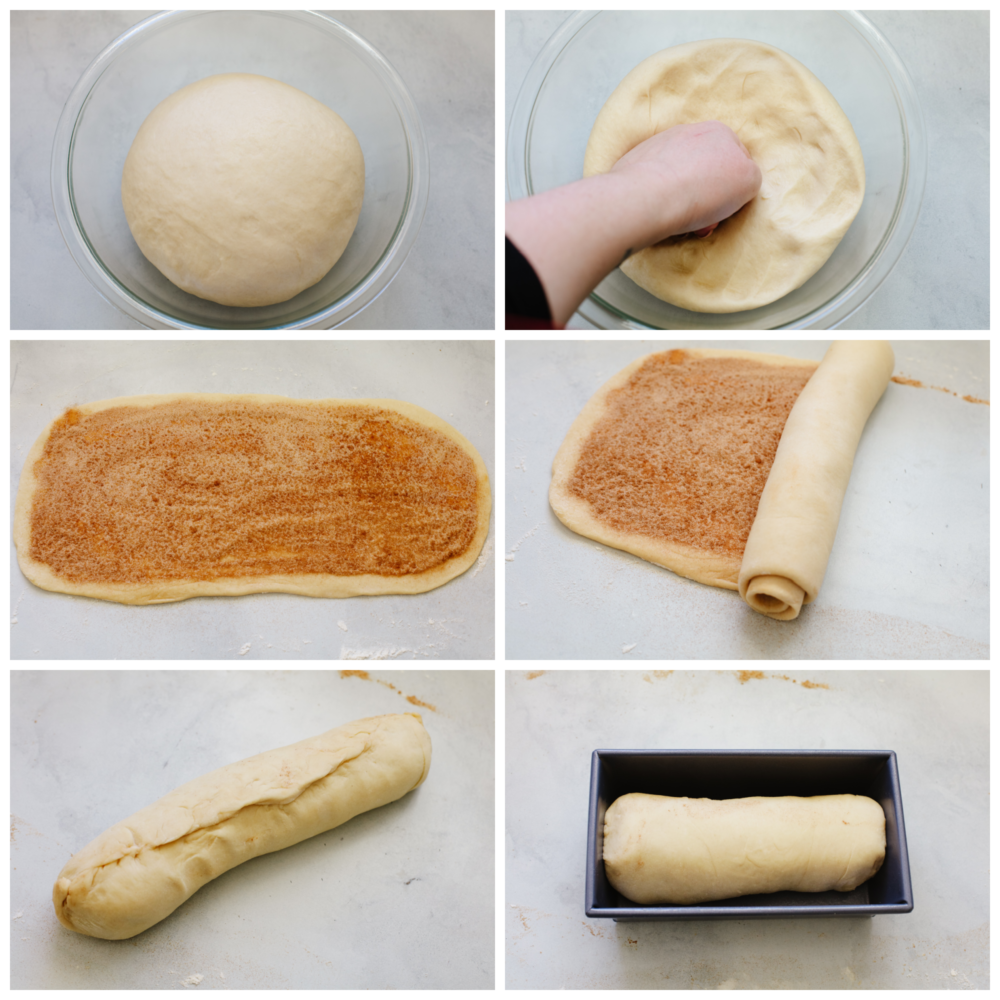 6 pictures showing how to make the dough, spread it, roll it and put it in the pan. 
