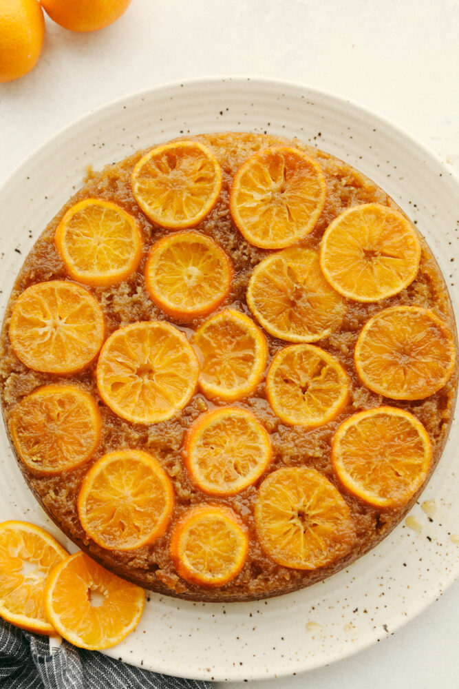 Top-down view of a full clementine cake.