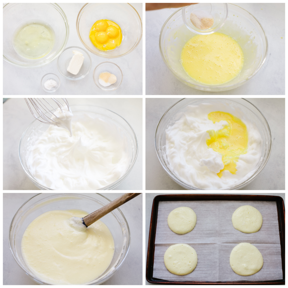 6 pictures showing steps on how to make the bread batter. 