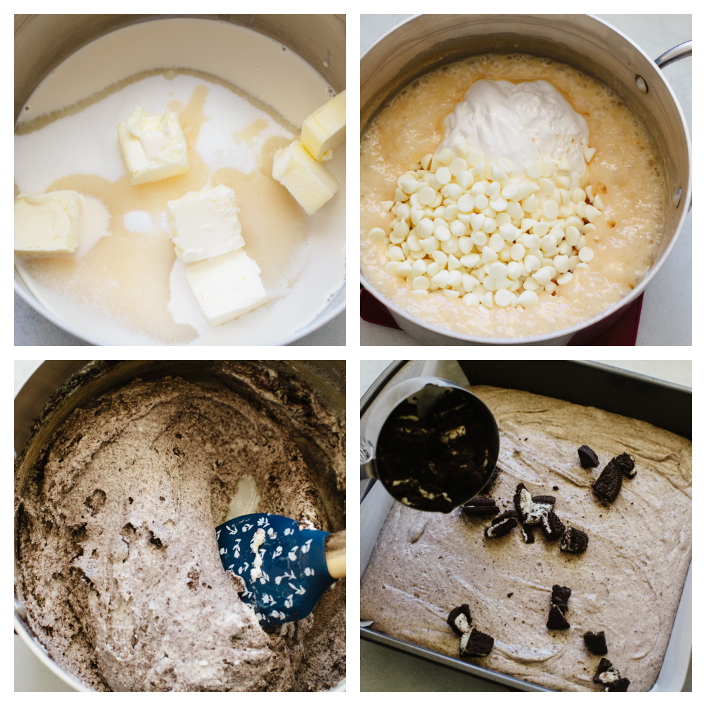 4 pictures showing steps on how to make fudge and add in oreos. 