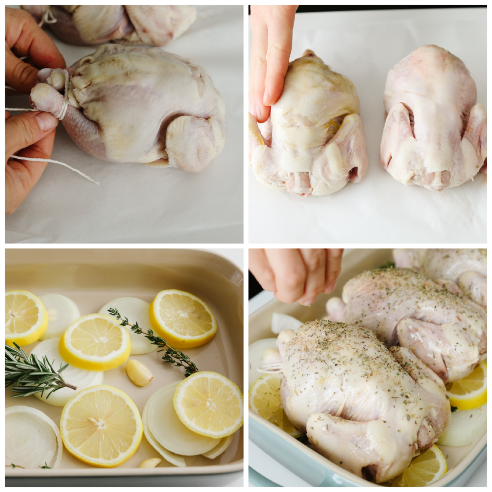 4 pictures showing how to tie, rub and prepare a cornish hen. 