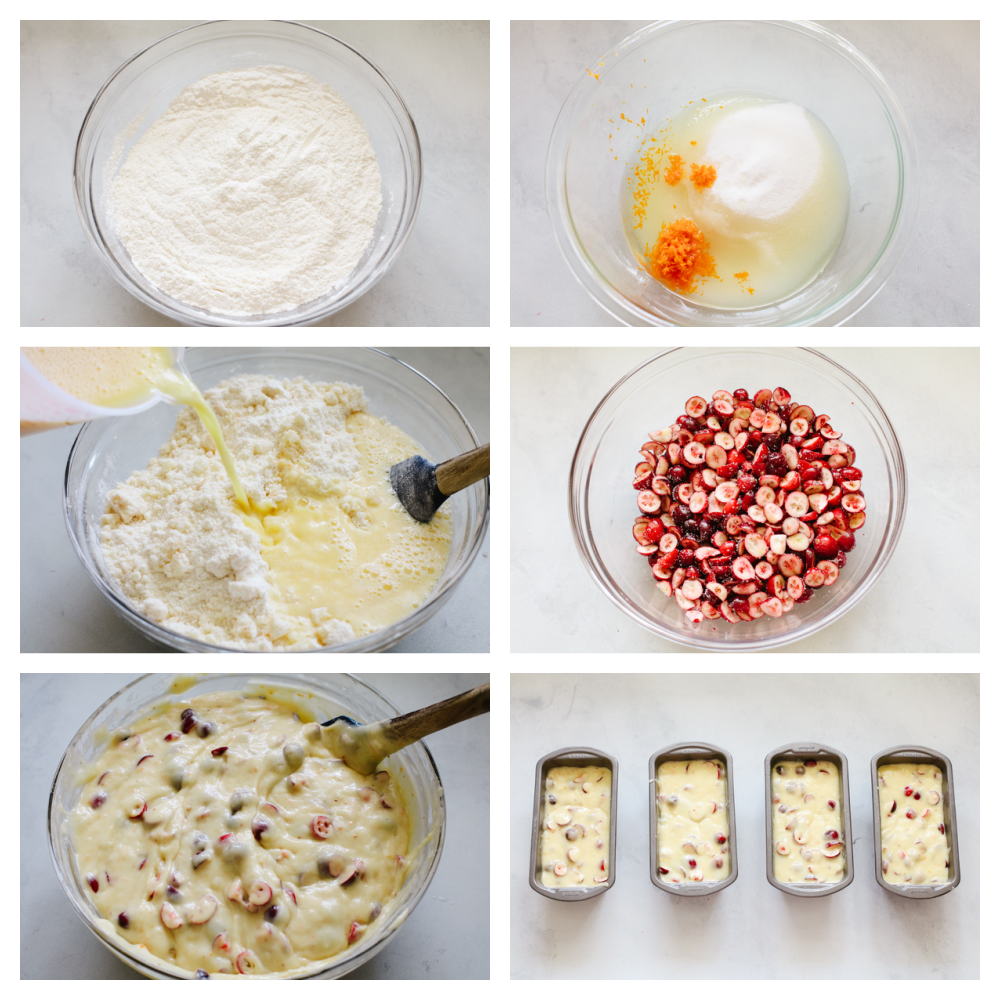 6 pictures showing steps on how to make bread dough, cut up cranberries and mix it to pour into the dough pans. 