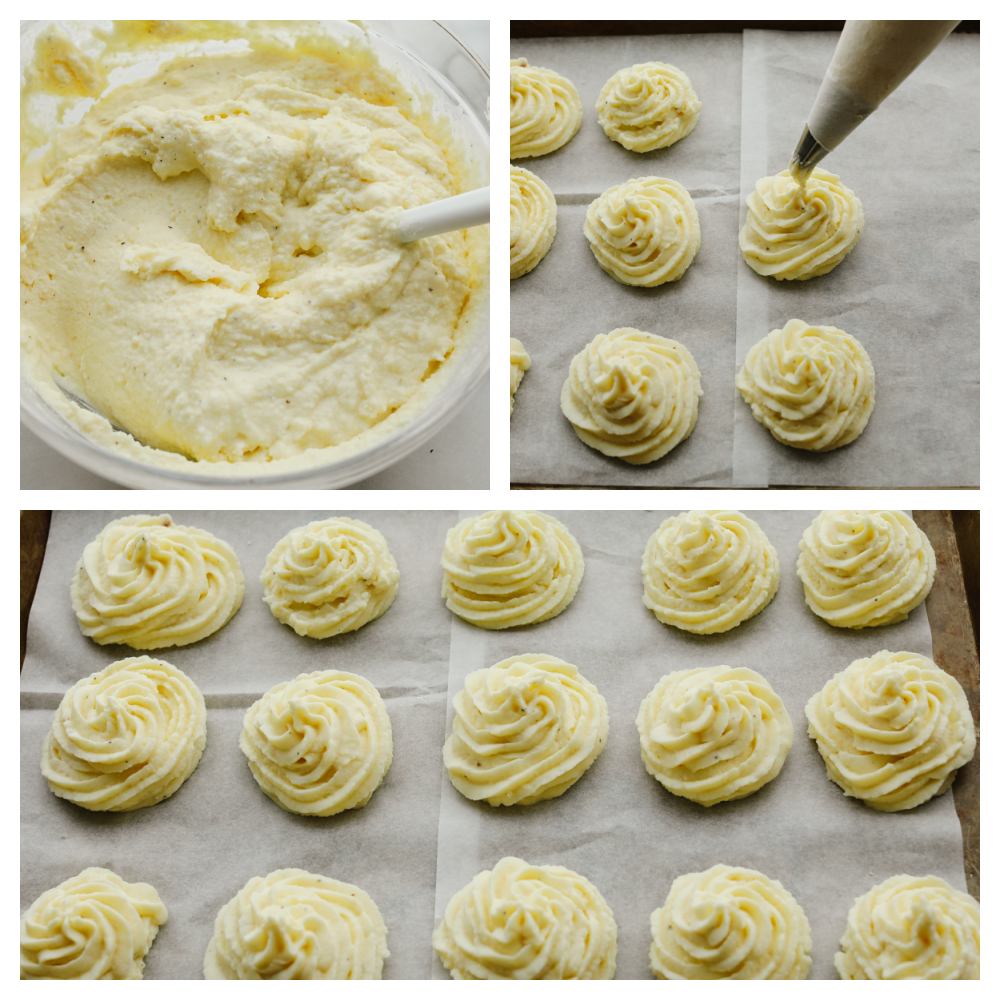 4 photos with mashed potatoes in the process of being piped into circles. 