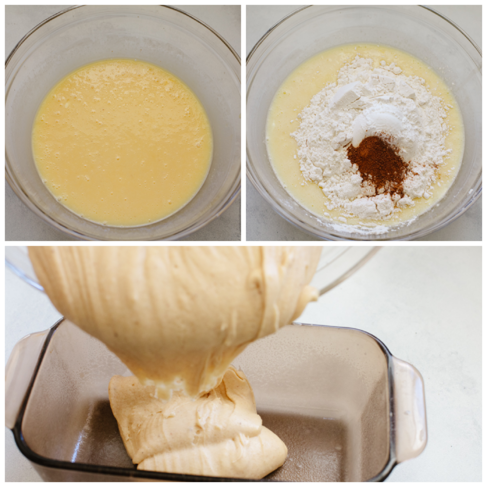 Three photos with bowls in the process of making eggnog bread. 