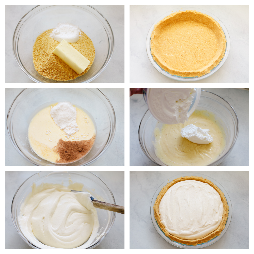 6 pictures showing how to make pie filling and put it into the crust. 