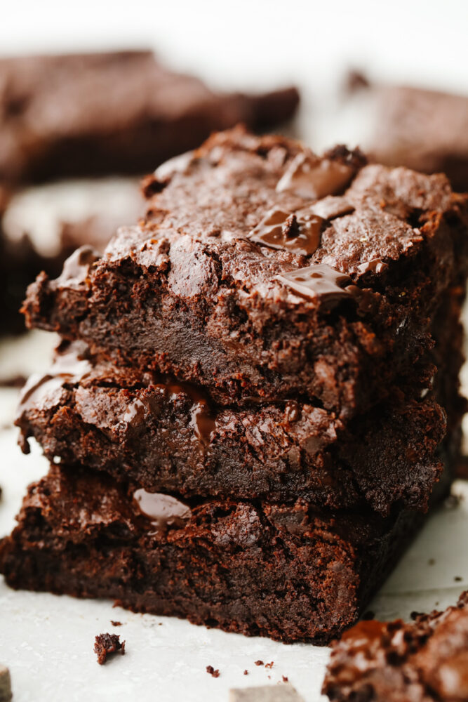 A stack of flourless chocolate brownies. 