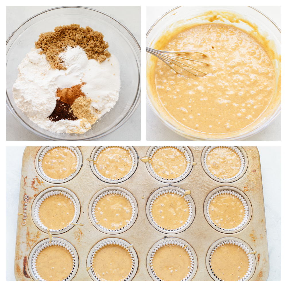 3 pictures showing how to mix and pour cupcake batter. 