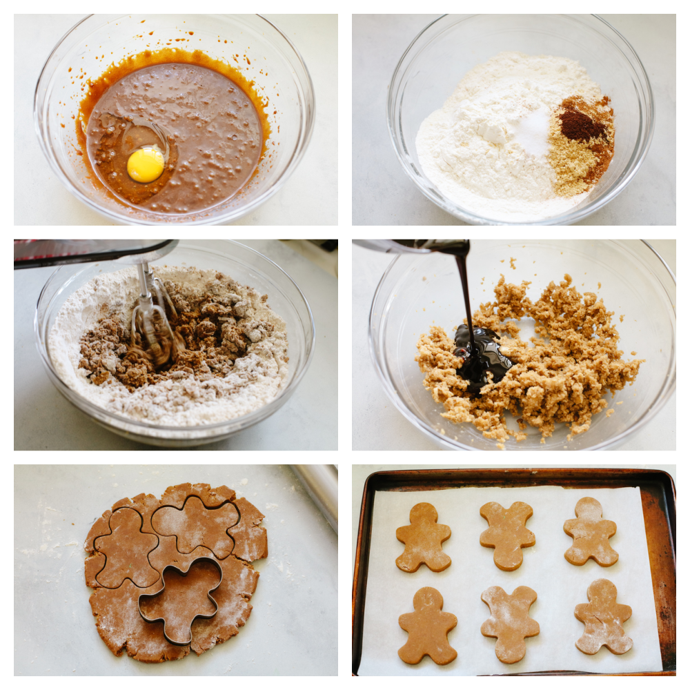 6 pictures showing steps on how to make cookie dough and cut them into gingerbread men. 