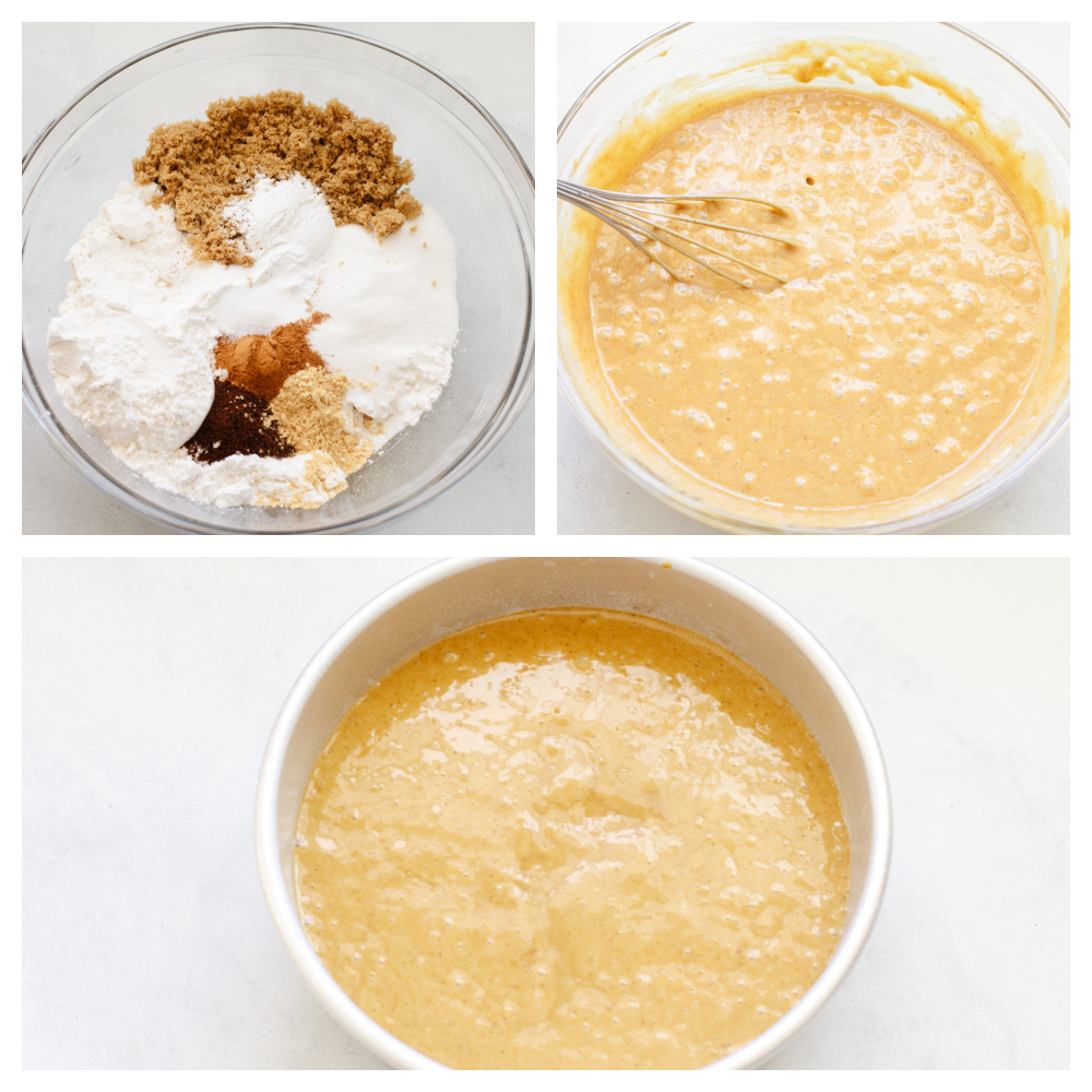 3 pictures of mixing together gingerbread cake batter.