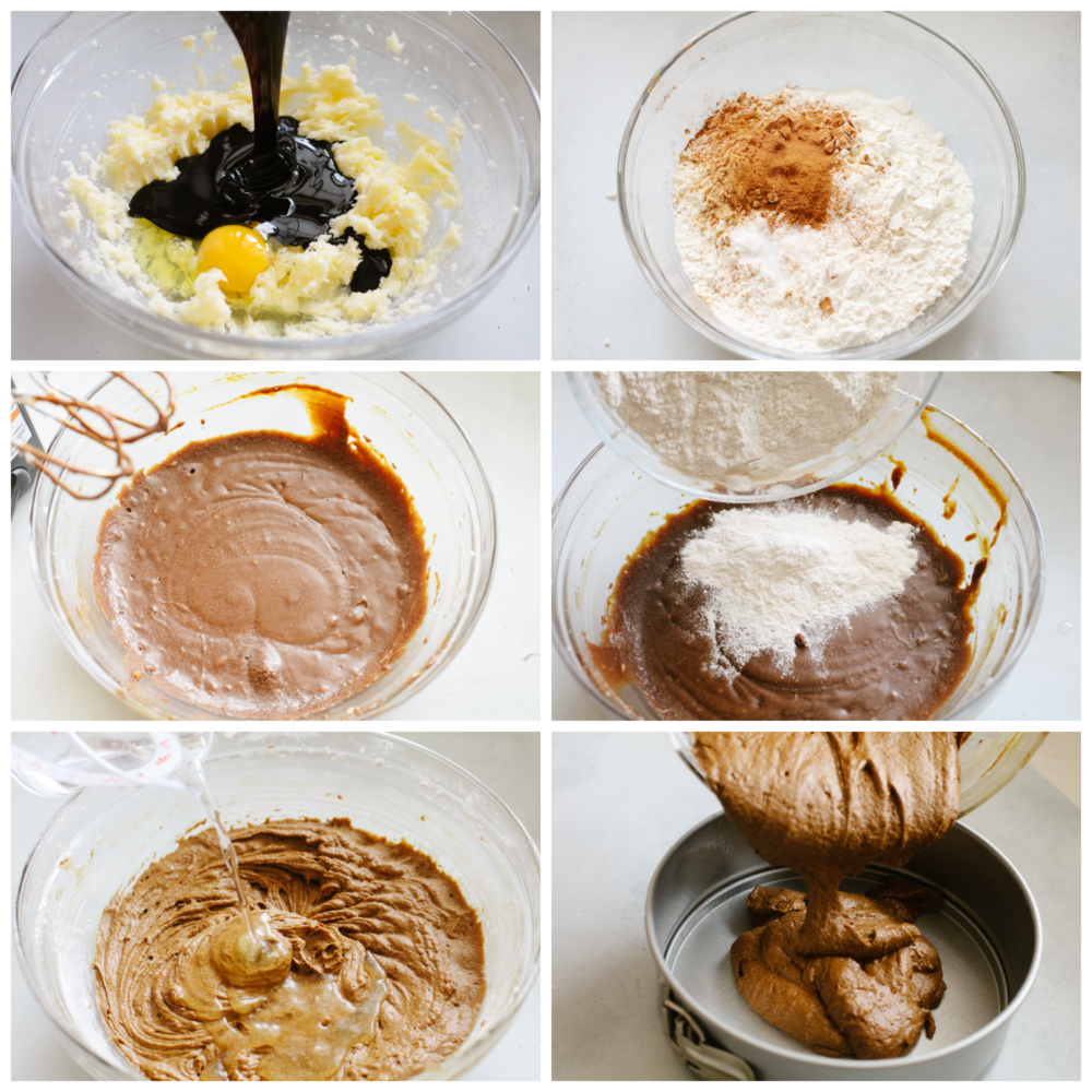 6 pictures showing steps on how to make gingerbread cake batter. 