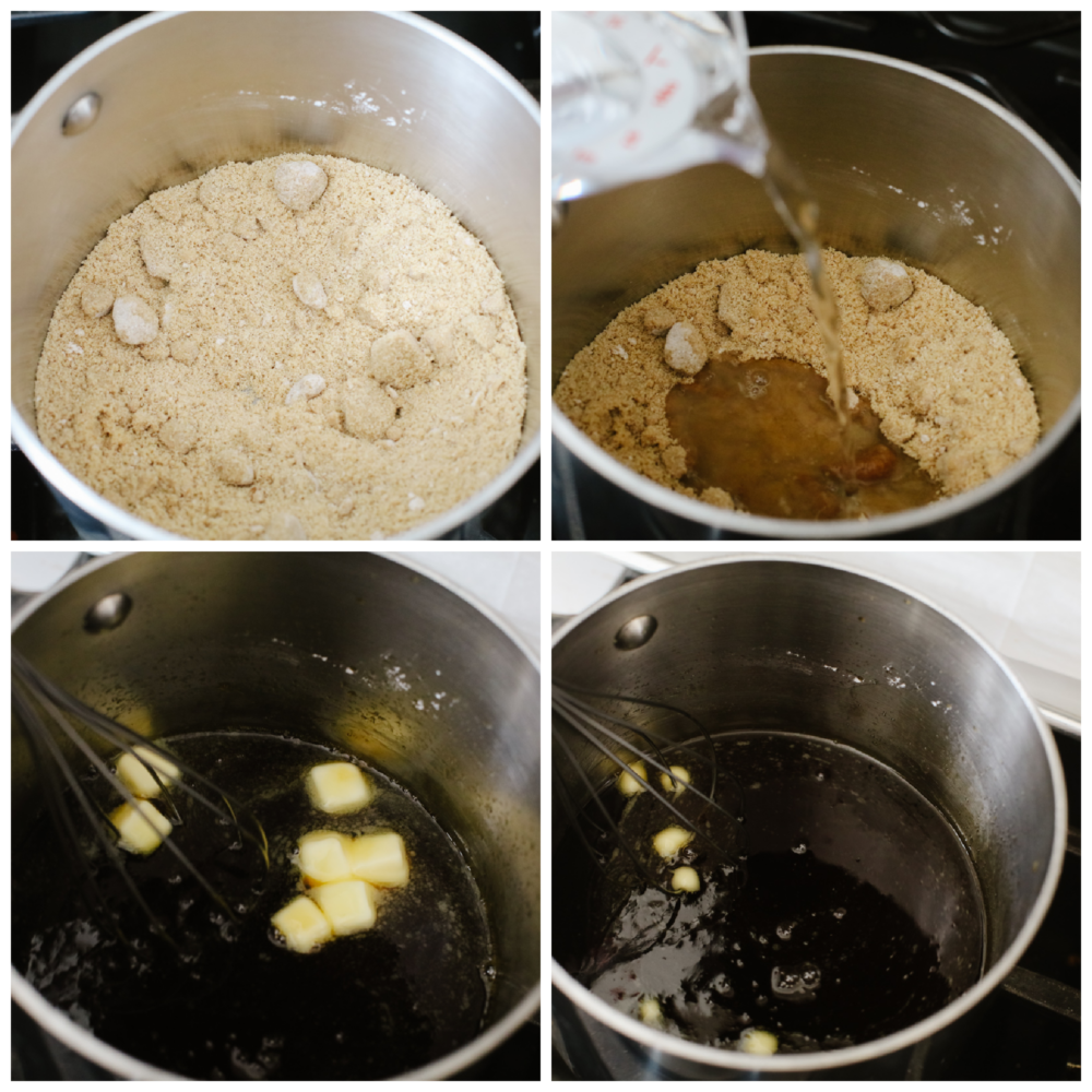 4 pictures showing how to make caramel sauce on the stove. 