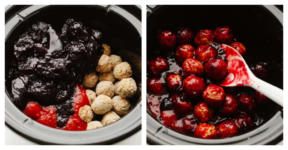2 pictures showing how to add meatballs and stir them up with grape jelly and chili sauce. 