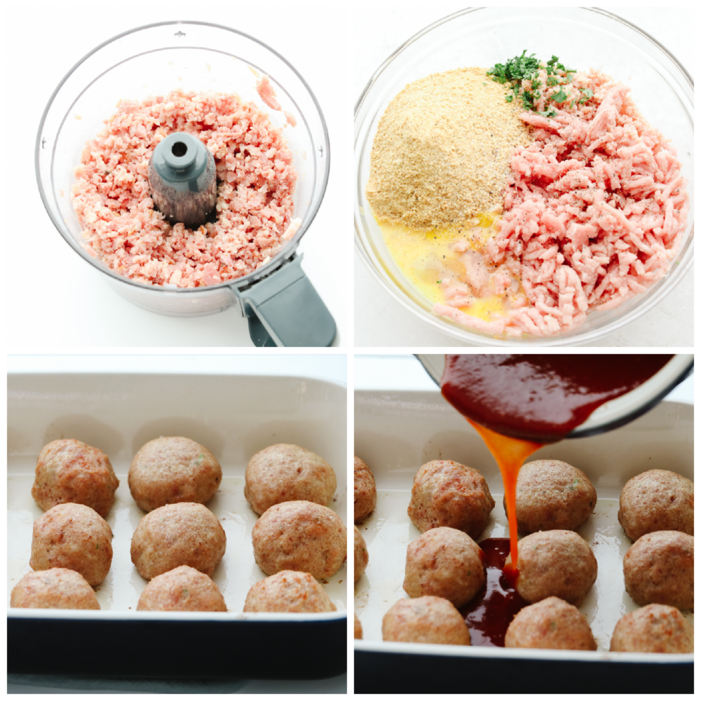 Photos of preparing ham balls and covering them in brown sugar tomato sauce.
